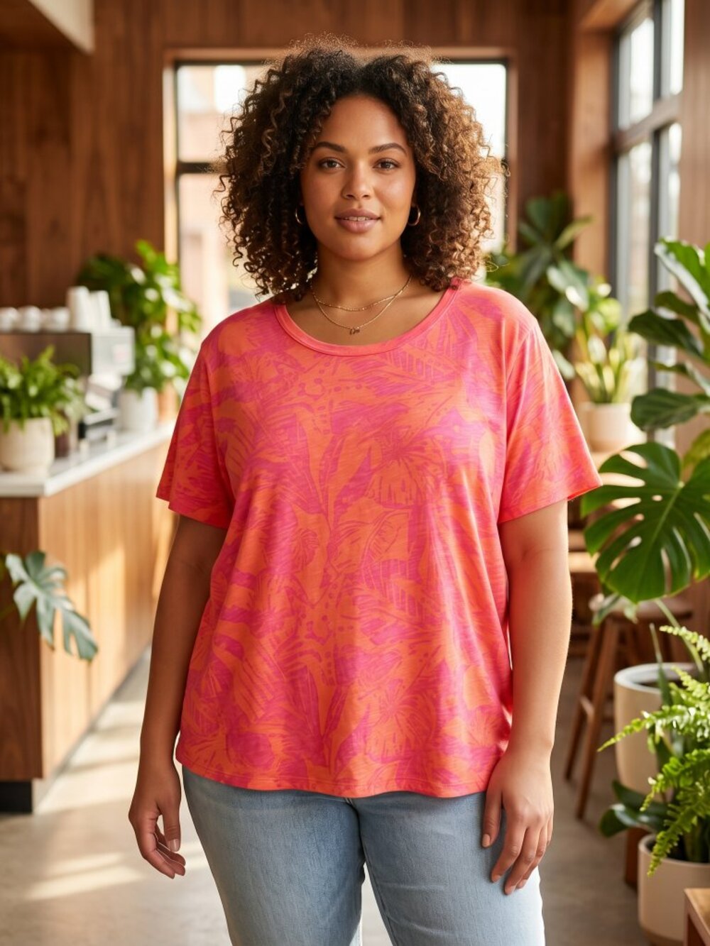 Old Navy Seashell Tee Top 3X Orange Pink Tropical SS Beach Dopamine Casual